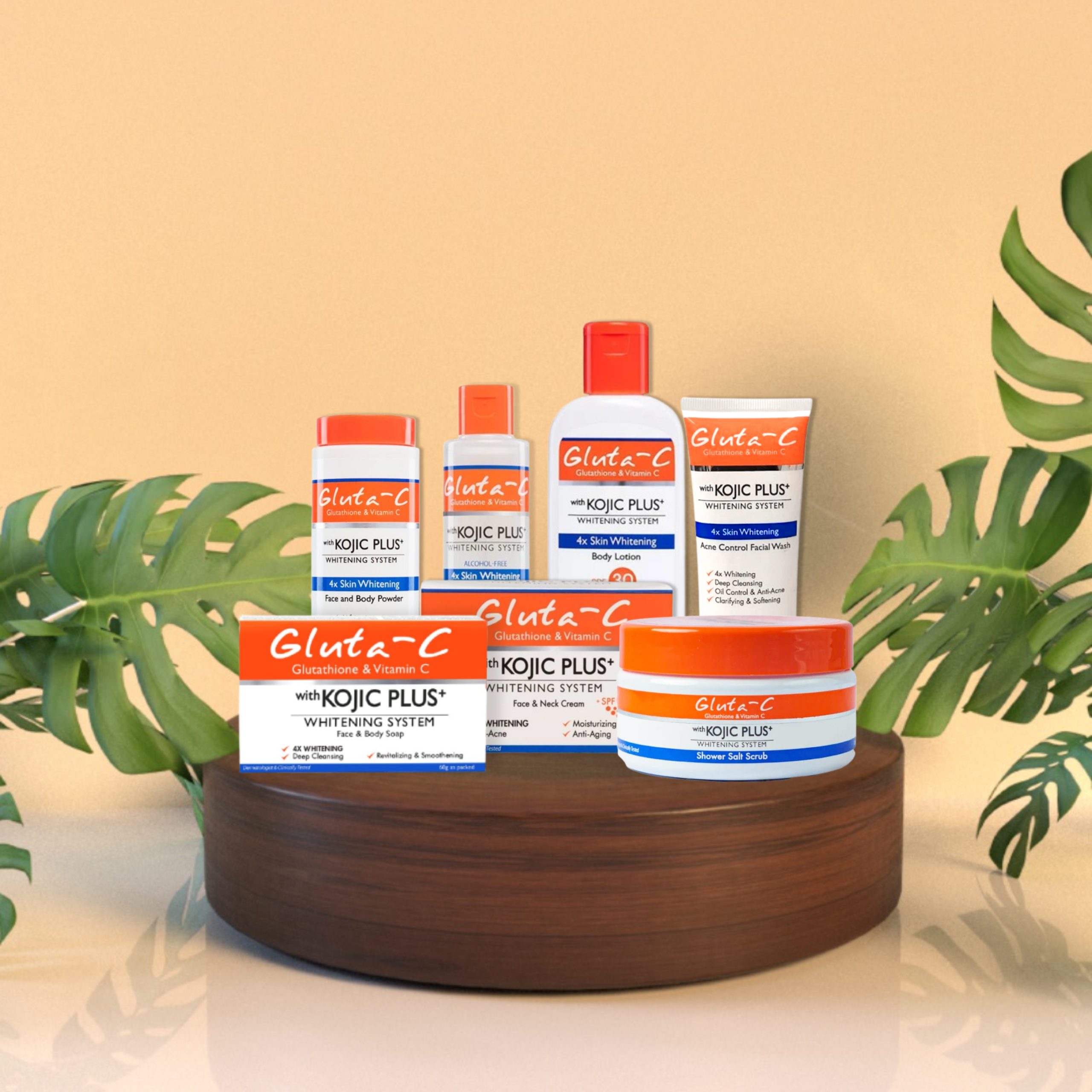 16 pcs Gluta C Kojic Plus 4 x Whitening Lotion, Creams, Toner, Face Wash, Soaps, Scrub Powder Set